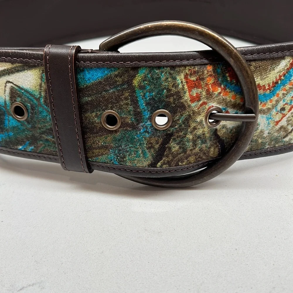 Chicos Faux Leather Trim Fabric Front Belt Round Buckle Teal Abstract Print Sz S